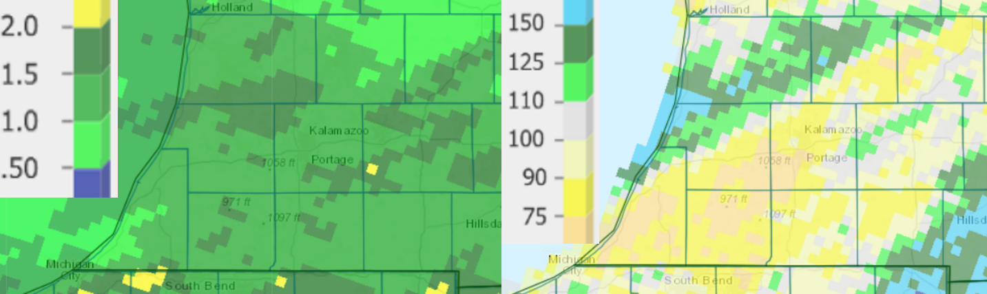 Precipitation totals from the past 7 days (left) and percent of normal for the last 30 days (right) as of June 9.